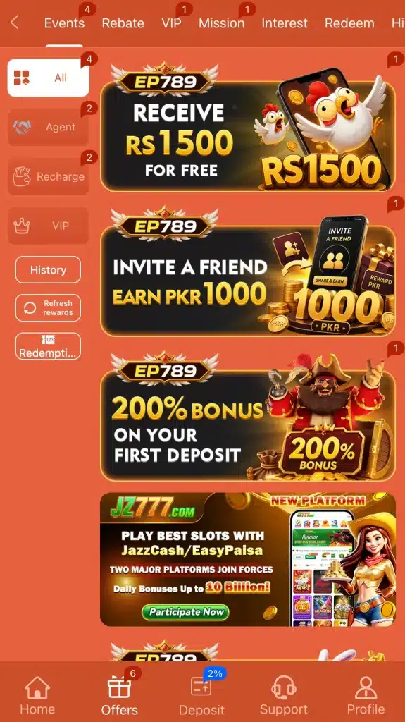 EP789 game offers page showing Rs1500 free signup bonus and 200 percent first deposit bonus Pakistan 2026